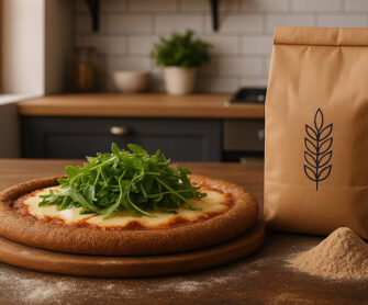Pizza z rukolą na cieście pełnoziarnistym.