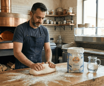 Pizzaiolo wyrabia ciasto na pizzę na mące typu 0.