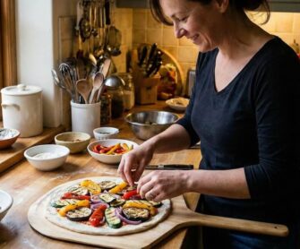 Kobieta przygotowuje w kuchni pizzę dietetyczną.