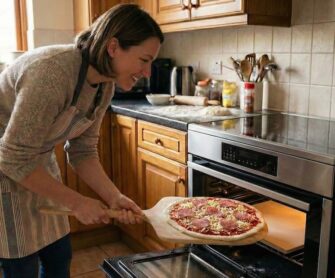Kobieta rozpoczyna etap pieczenia pizzy w piekarniku.
