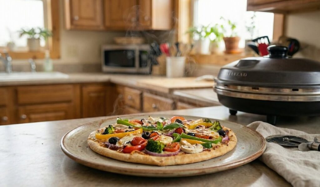 Pizza przygotowana w specjalnym urządzeniu do pieczenia pizzy.