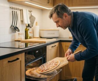 Mężczyzna piecze pizzę w piekarniku elektrycznym.