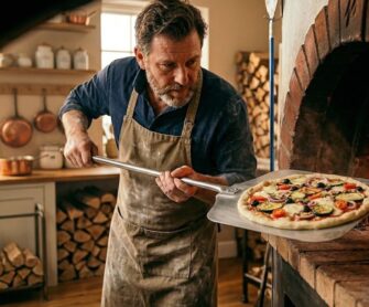 Pizzaiolo sprawdza poziom wypieczenia pizzy.