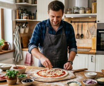 Mężczyzna przygotowuje pizzę do pieczenia w 180 stopniach.