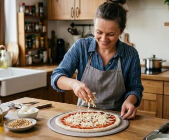 Kobieta nakłada składniki na ciasto leżące na siatce do pizzy.