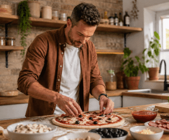 Mężczyzna przygotowuje pizzę do pieczenia.