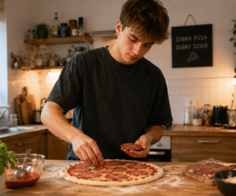 Chłopak w domowej kuchni układa dodatki mięsne na pizzy.