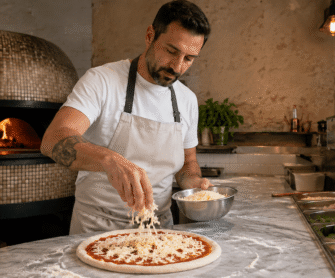 Pizzaiolo dodaje świeżo starty ser na pizzę.
