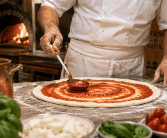 Pizzaiolo nakłada sos na spód pizzy.