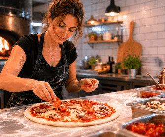 Pizzaiolo układa składniki na pizzy.