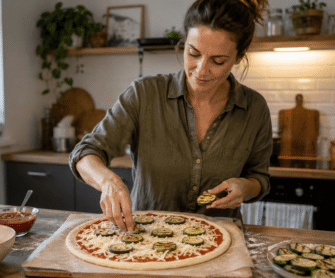 Kobieta układa warzywa na pizzę w swojej domowej kuchni.