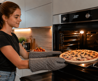 Dziewczyna piecze pizzę w 220 stopniach.