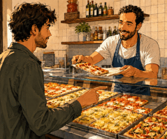 Mężczyzna kupuje kawałek pizzy al taglio.