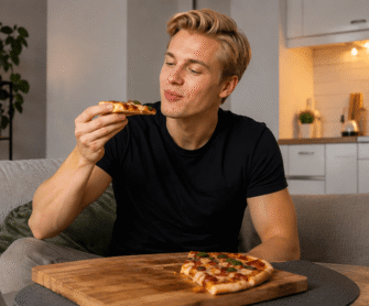 Chłopak je pizzę keto w domu.