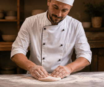Pizzaiolo wyrabia ciasto pizzy na mące z wysoką siłą W.