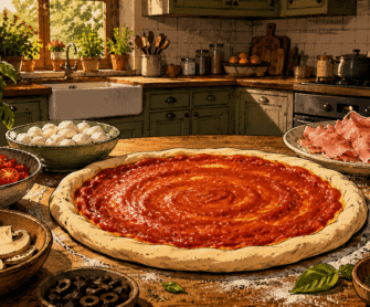 Ciasto ze świeżo nałożonym sosem pomidorowym do pizzy.