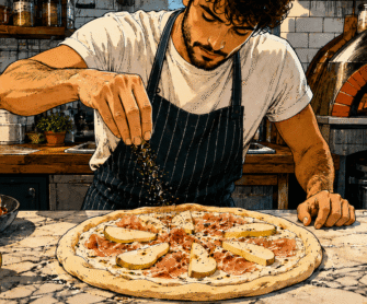 Pizzaiolo posypuje pizzę tymiankiem.